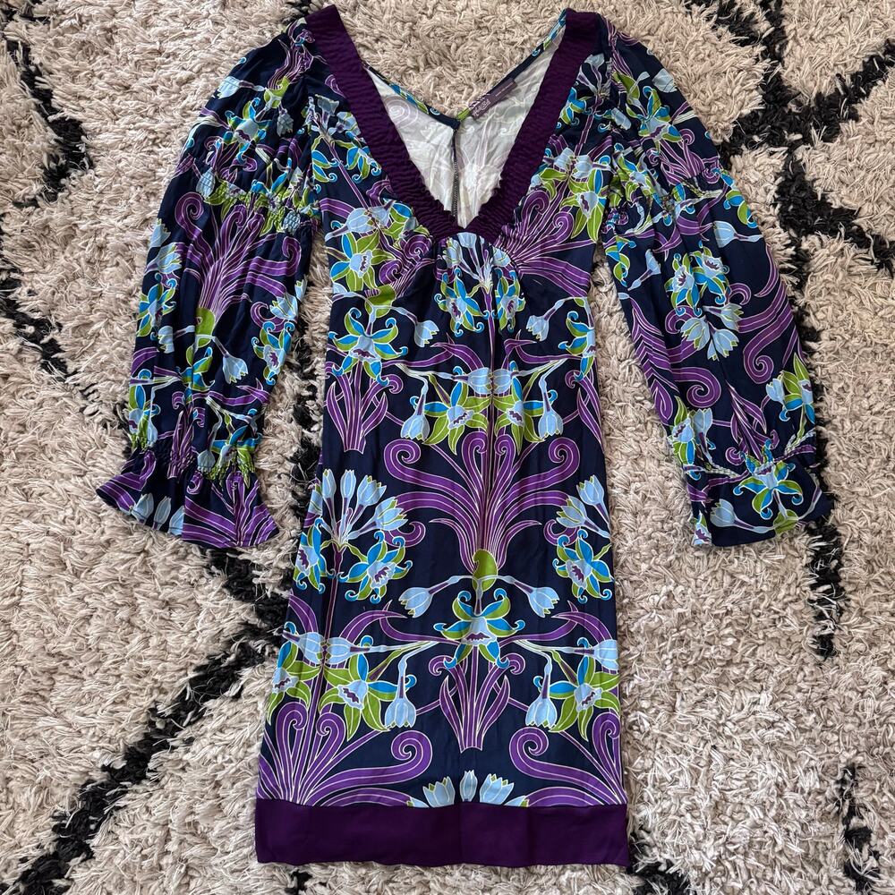 Hale Bob Dress Eclectic Blue Green & Purple V Neck Size Small